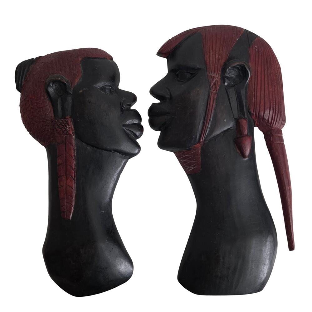 Pair Hand Carved African Style Wooden Wall Masks 11 In Black & Red Tribal Decor